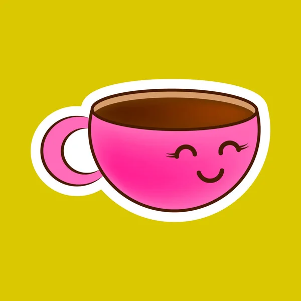 Coffee Tea Cup Sticker Smile Icon Doodle Outline Kids Hand — Stock Vector