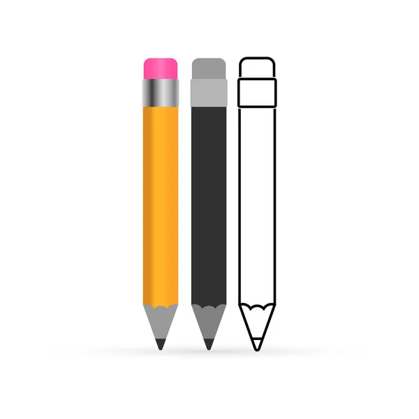Realistic Pencil Icon Set Isolated White Sketch Flat Design Outline — Stock Vector