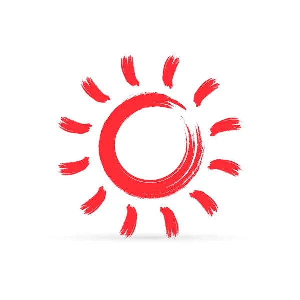 Ikona Słońca Odizolowana Białym Czerwone Słońce Grunge Ręcznie Rysowane Dzieci — Wektor stockowy