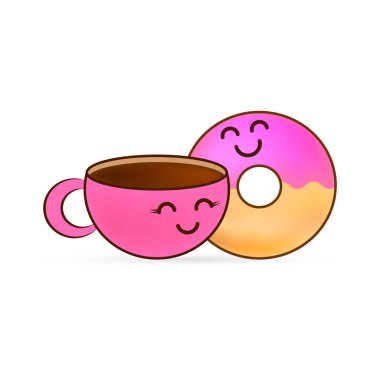 Aşk hikayesi çöreği ve bir fincan kahve etiketi. Doodle yemek ikonu. Güzel kafe ya da kumaş için dizayn edilmiş. Çocuklar el çizimi çiziyor. Sketch vektör stok çizimi