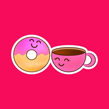 Aşk hikayesi çöreği ve bir fincan kahve etiketi. Doodle yemek ikonu. Güzel kafe ya da kumaş için dizayn edilmiş. Çocuklar el çizimi çiziyor. Sketch vektör stok çizimi