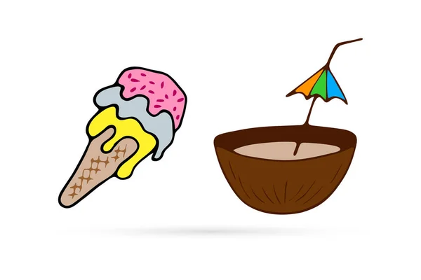 Мороженое Кокосовая Икона Выделенная Белом Еда Напитки Детей Рисование Руками — стоковый вектор