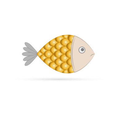 Doodle altın balık ikonu izole edildi. Deniz ürünleri sembolü. Logo şablonu. Çocuklar el çizimi çiziyor. Balıkçılık kulübü ya da çevrimiçi dükkan sembolü. Restoran menüsü. Vektör stok illüstrasyonu