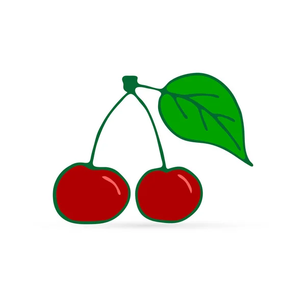 Red Cherry Leaf Icon Isolated White Fruit Logo Hand Drawing — 스톡 벡터