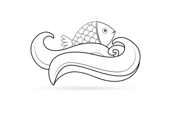 Καλοκαιρινό Έμβλημα Ψάρια Κύμα Απομονωμένα Λευκό Σχεδιασμός Λογότυπου Χρωματισμός Διανύσματος — Διανυσματικό Αρχείο