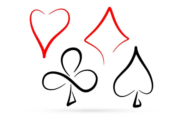 Beyazın üzerinde izole edilmiş kağıt oyunlarının ana hatları. Taslak vektör stok çizimi. Oyun kartları simgesi.