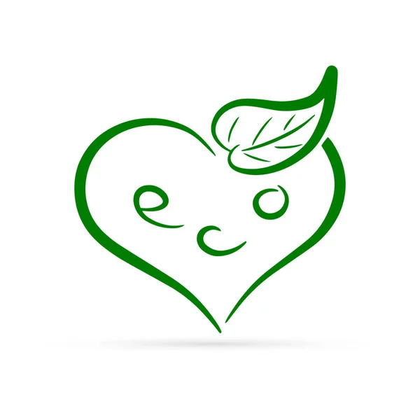 Corazón Del Contorno Con Icono Hoja Aislado Blanco Boceto Para — Vector de stock