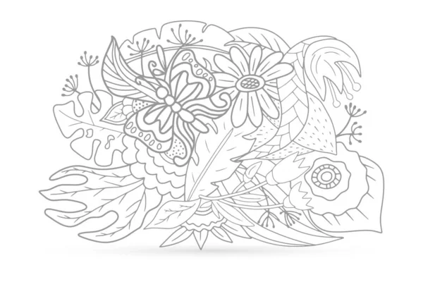 Färgläggning Doodle Fjäril Med Blomma Blad Gräs Skissera Barn Hand — Stock vektor