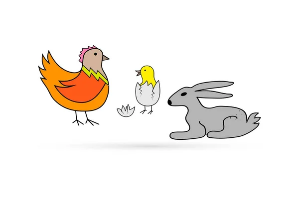 Ensemble Pâques Isolé Sur Blanc Poussin Nouveau Coquille Oeuf Lapin — Image vectorielle