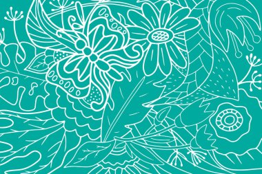 Çiçekli, yapraklı, otlu kelebek desenli. Ana hatlarıyla çizim yapan çocuklar. Vektör stok illüstrasyonu 