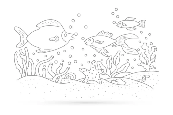 Delinear Grama Subaquática Com Peixes Algas Marinhas Desenho Crianças Mão — Vetor de Stock