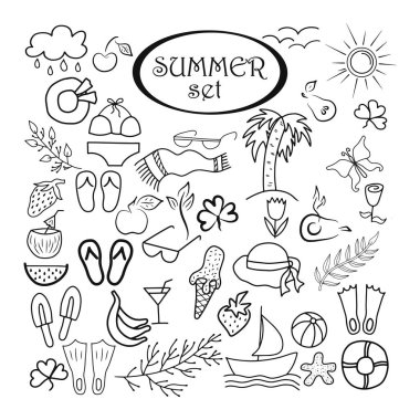 Doodle yaz seti izole edildi. El çizimi çizimi. Koleksiyon dalı, bardaklar, çiçek, elma, plaj havlusu, cerry, böğürtlen vs. Vektör stok illüstrasyonu