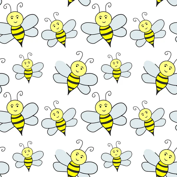 Včelí Bezešvý Vzor Izolovaný Bílém Obrys Děti Ručně Kreslit Umění — Stockový vektor