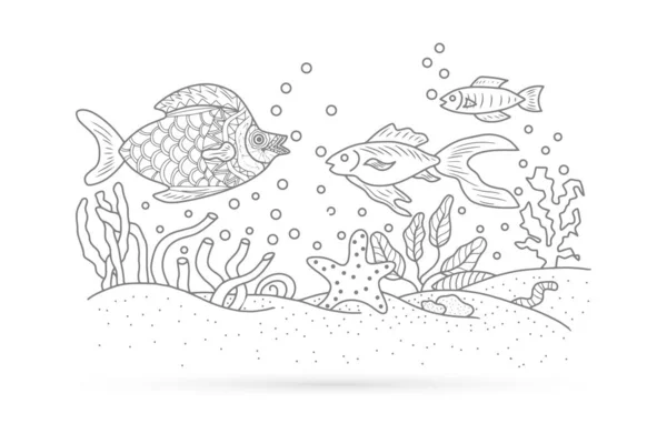 Delinear Grama Subaquática Com Peixes Algas Marinhas Desenho Crianças Mão — Vetor de Stock