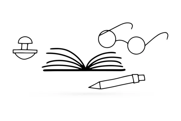 Doodle Book Pen Glasses Stamp Icon Isolated White Outline Education — Stock Vector
