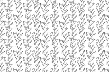 Beyaz üzerine izole edilmiş zeytin dalı deseni. Doodle 'ların el çizimi sanatı. İtalya ülke sembolü. Meyveli büyük zeytin dalı. Eskiz yemeği. Vektör stok illüstrasyonu