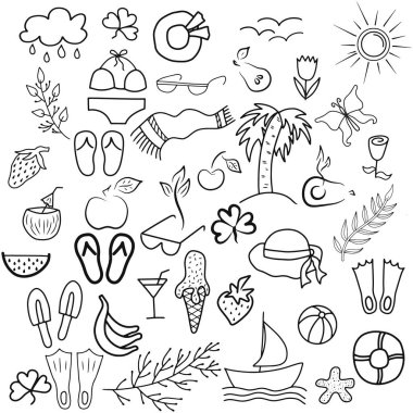 Doodle yaz seti izole edildi. El çizimi çizimi. Koleksiyon dalı, bardaklar, çiçek, elma, plaj havlusu, kiraz, böğürtlen, karides vs. Vektör stok illüstrasyonu