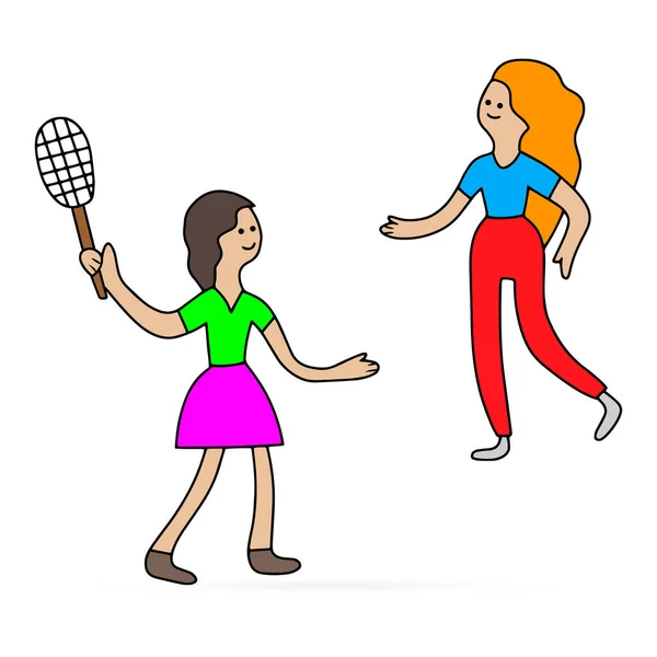 Doodle Jong Meisje Geïsoleerd Wit Sportvrouw Tennishand Dtawing Art Line — Stockvector