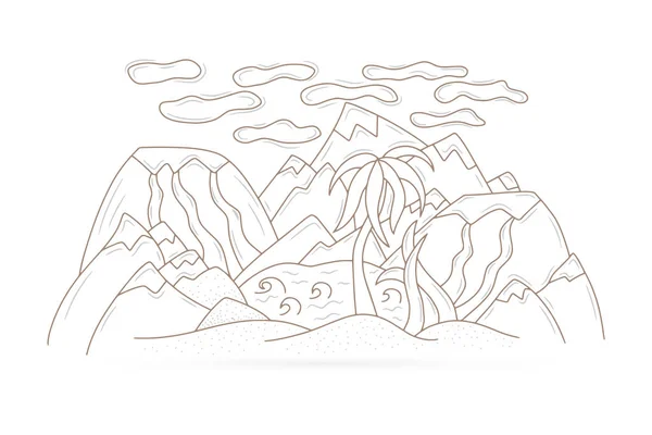 Doodle Oásis Com Lago Vulcão Montanhas Arenosas Palmeira Isolada Branco — Vetor de Stock