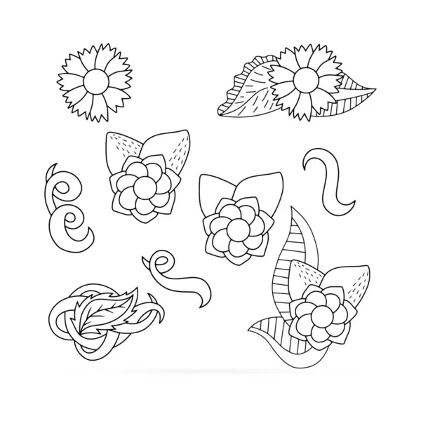 Doodle Coloring Antistress Flower Leaf Wave Swirl Isolated White Bundle — Stock Vector