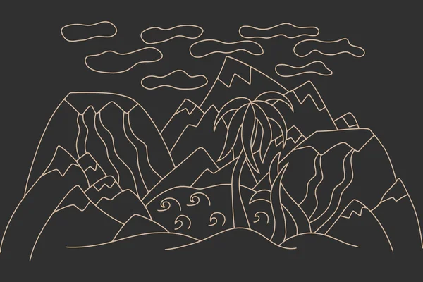Doodle Oasis Dengan Danau Gunung Berapi Pegunungan Berpasir Dan Pohon - Stok Vektor