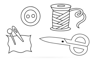 Karalama iğnesi, makas, beyaz üzerine izole edilmiş düğme seti simgesi. Taslak dikiş. El çizimi sanatı. Sketch vektör stok çizimi
