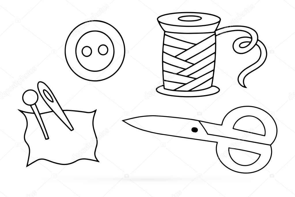 Doodle needle, scissors, button set icon isolated on white. Outline sewing. Hand drawing line art. Sketch vector stock illustration