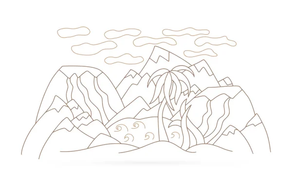 Doodle Oásis Com Lago Vulcão Montanhas Arenosas Palmeira Isolada Branco — Vetor de Stock