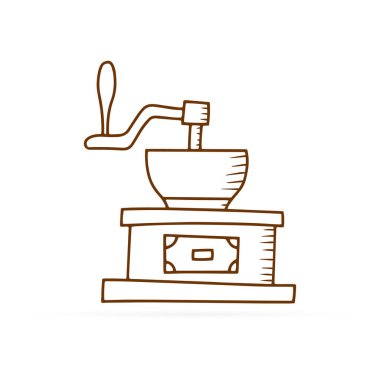 Manüel kahve öğütücüsü ya da beyaza izole edilmiş antika bir değirmen. El çizimi sanatı. Taslak kahve öğütücüsü. Sketch vektör stok çizimi