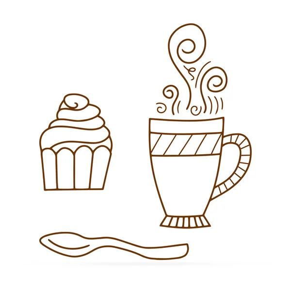 Doodle Koffie Met Cake Geïsoleerd Wit Koffie Beker Hand Tekening — Stockvector