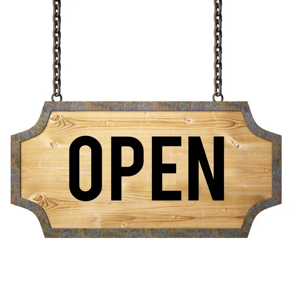Open wooden sign with chain — Stock Photo, Image