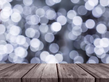 Beyaz bokeh ile kahverengi ahşap tahta