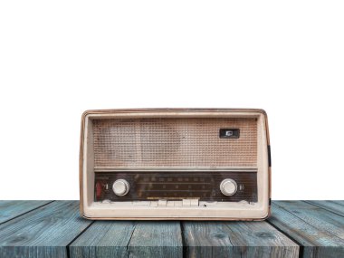 Mavi ahşap üzerine eski retro radyo