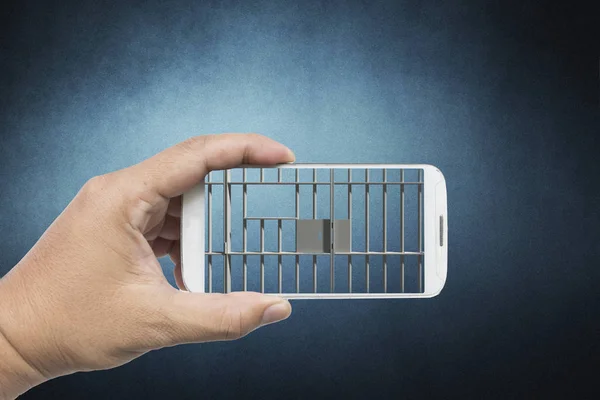 Adam el beyaz smartphone hapishane bar ile yatay tutarak
