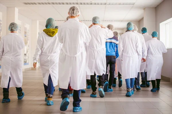 Groupe de personnes dans la production industrielle. les gens retournent à la caméra en robes blanches et couvre-chaussures sont sur la tournée de l'usine — Photo