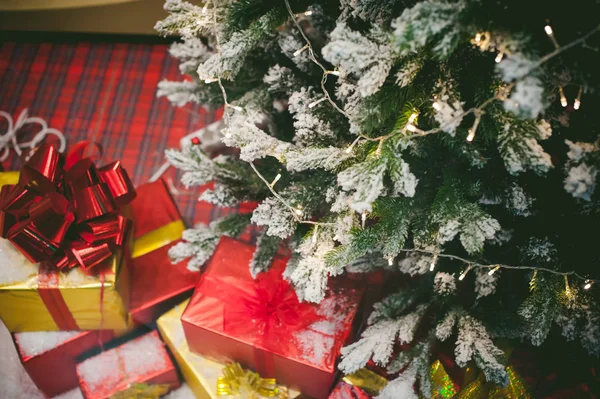 Caixas com presentes deitados sob a árvore de Natal na sala — Fotografia de Stock