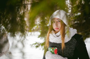 Sevimli kadın kar açık havada arka plan üzerinde beyaz atkı ve şapka örme ceket ve bulanık köknar kış dallarında portre