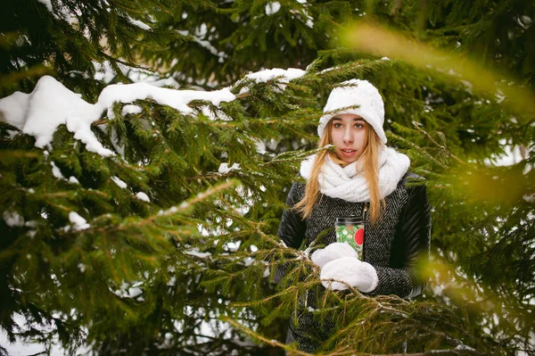 Porträtt av söt kvinna i vit halsduk och mössa stickad kappa på utomhus bakgrund av snö och suddig fir grenar på vintern. — Stockfoto
