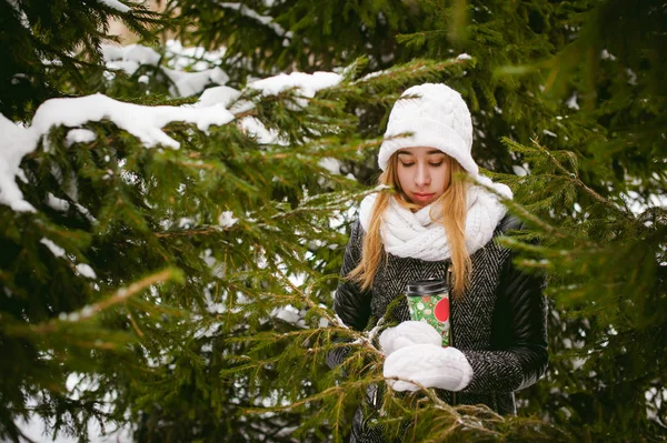 Portrait de jolie femme en écharpe blanche et chapeau manteau tricoté sur fond extérieur de neige et branches de sapin floues en hiver. fille tient une tasse de café dans la main, café à emporter de Noël — Photo