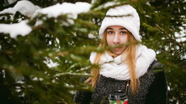 Portrait of cute woman in white scarf and hat knitted coat on outdoors background of snow and blurred fir branches in winter. — Stok Foto