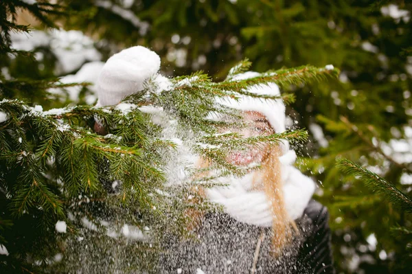 Sevimli kadın kar açık havada arka plan üzerinde beyaz atkı ve şapka örme ceket ve bulanık köknar kış dallarında portre