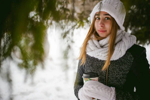 Ritratto di donna carina in sciarpa bianca e cappello cappotto lavorato a maglia su sfondo esterno di neve e rami di abete sfocati in inverno. ragazza tiene una tazza di caffè in mano, caffè da asporto di Natale — Foto Stock