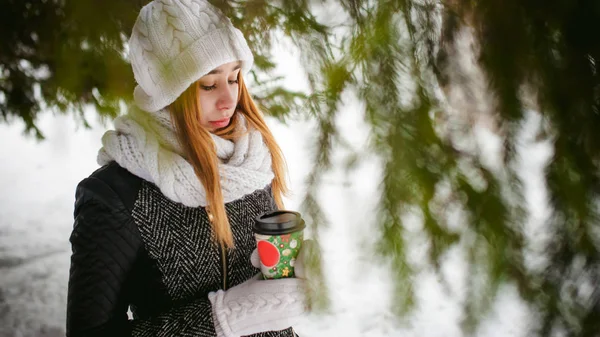 Портрет милой женщины в белом шарфе и шапке в трикотажном пальто на открытом воздухе на фоне снега и размытых еловых ветвей зимой. Девушка держит чашку кофе в руке, рождественский кофе на вынос — стоковое фото
