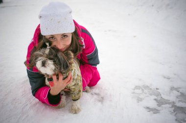 Açık havada bir köpek ırkı Shih Tzu ile kışın yürümek.