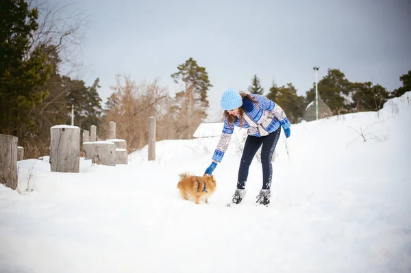 Kvinnan promenader med en hundras Spitz — Stockfoto