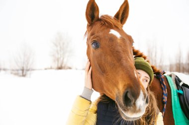At ve kadın kış giysileri içinde birlikte karşı beyaz kar bekletin. sevgi ve atlar için bakım. Beyaz bir arka plan üzerinde hayvan portre.