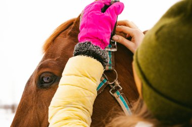 Kış giysileri ve birlikte beyaz kar karşı durmak için at kadın. sevgi ve atlar için bakım. 