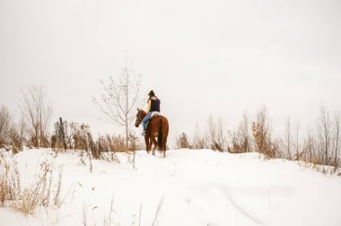 Kadın kış giysileri içinde bir arka planda beyaz kar ata biniyor.