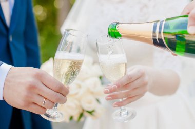 Gelin ve damat şampanya ile parkta