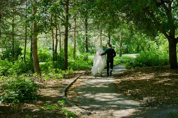 公園で新郎新婦新婚夫婦の道を歩いて — ストック写真